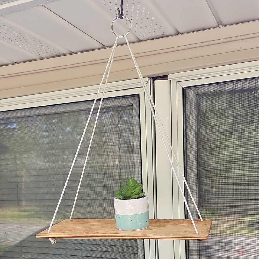 Hanging Wooden Shelf with Ceramic Planter